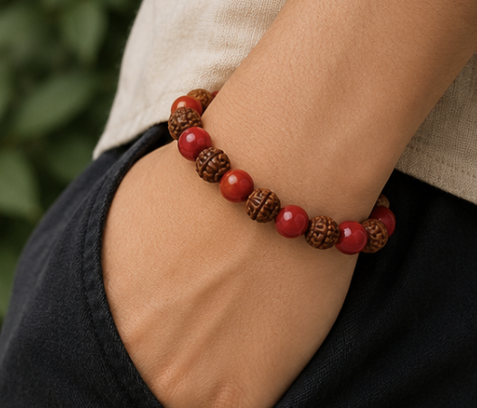 Natural Red Coral (Moonga) & Rudraksha Bracelet | 9 g Handmade Spiritual Gemstone Bracelet
