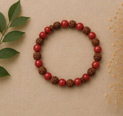 Natural Red Coral (Moonga) & Rudraksha Bracelet | 9 g Handmade Spiritual Gemstone Bracelet - Image 4