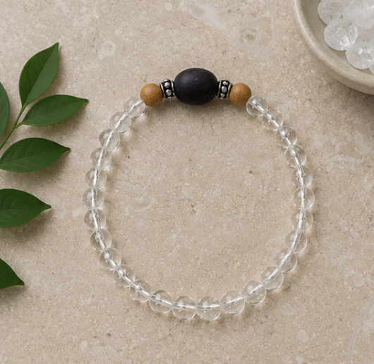 Natural Sandalwood & Clear Quartz (Sphatik) Bracelet with Guru Bead | 10 g Handmade Spiritual Bracelet - Image 2