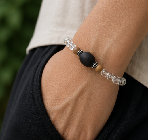 Natural Sandalwood & Clear Quartz (Sphatik) Bracelet with Guru Bead | 10 g Handmade Spiritual Bracelet - Image 3