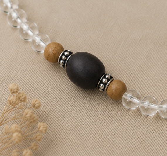 Natural Sandalwood & Clear Quartz (Sphatik) Bracelet with Guru Bead | 10 g Handmade Spiritual Bracelet