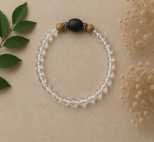 Natural Sandalwood & Clear Quartz (Sphatik) Bracelet with Guru Bead | 10 g Handmade Spiritual Bracelet - Image 5