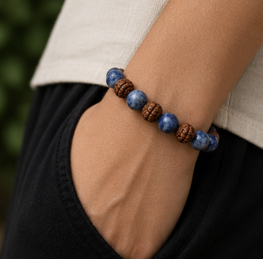 Natural Blue Sodalite & Rudraksha Bracelet | 13 g Handmade Spiritual Gemstone Bracelet