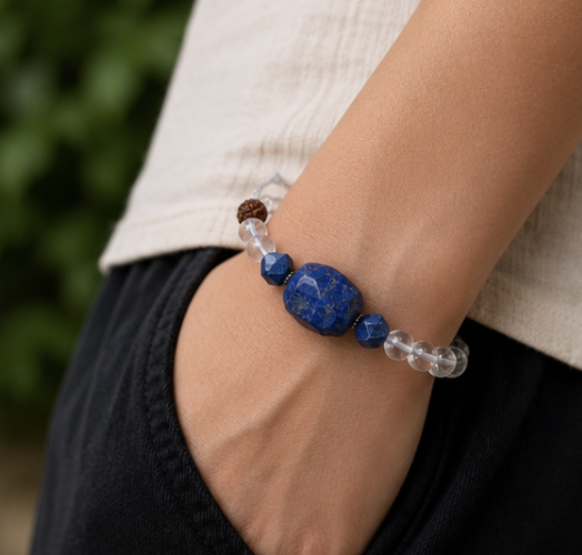 Natural Lapis Lazuli & Clear Quartz (Sphatik) Bracelet | 29 g Handmade Healing Crystal Bracelet | Spiritual Gemstone Jewelry