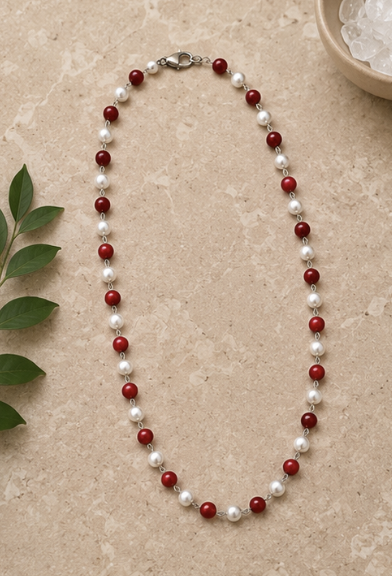 Natural Red Coral (Moonga) & Pearl Mala | 22 g Handmade Gemstone Prayer Necklace | Spiritual Meditation Jewelry - Image 5