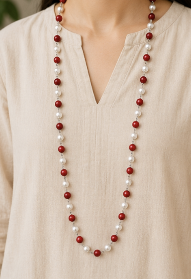 Natural Red Coral (Moonga) & Pearl Mala | 22 g Handmade Gemstone Prayer Necklace | Spiritual Meditation Jewelry - Image 4