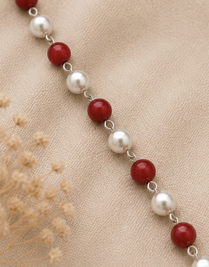 Natural Red Coral (Moonga) & Pearl Mala | 22 g Handmade Gemstone Prayer Necklace | Spiritual Meditation Jewelry