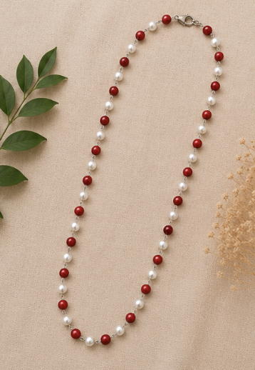 Natural Red Coral (Moonga) & Pearl Mala | 22 g Handmade Gemstone Prayer Necklace | Spiritual Meditation Jewelry - Image 2