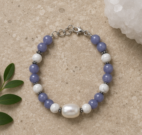 Natural Lavender Jade, Howlite & Freshwater Pearl Bracelet | 21 g Handmade Healing Crystal Bracelet | Elegant Gemstone Jewelry - Image 2