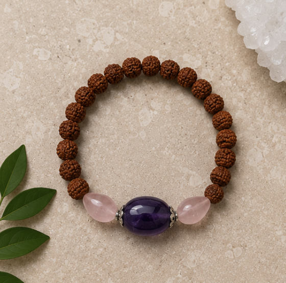 Natural Rose Quartz, Amethyst & Rudraksha Bracelet | 18 g Handmade Spiritual Healing Crystal Bracelet - Image 3