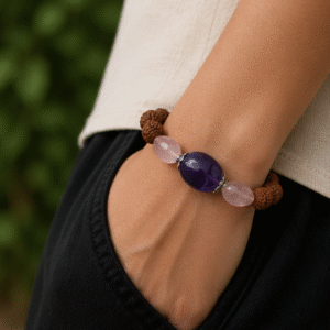Natural Rose Quartz, Amethyst & Rudraksha Bracelet | 18 g Handmade Spiritual Healing Crystal Bracelet