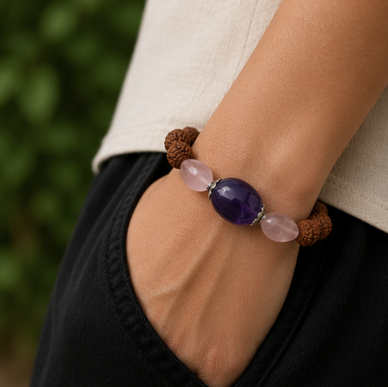Natural Rose Quartz, Amethyst & Rudraksha Bracelet | 18 g Handmade Spiritual Healing Crystal Bracelet