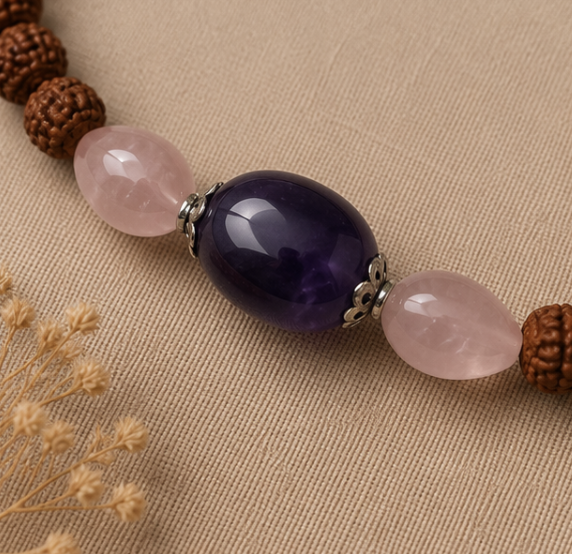 Natural Rose Quartz, Amethyst & Rudraksha Bracelet | 18 g Handmade Spiritual Healing Crystal Bracelet - Image 2