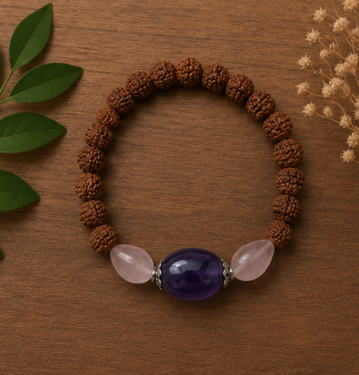 Natural Rose Quartz, Amethyst & Rudraksha Bracelet | 18 g Handmade Spiritual Healing Crystal Bracelet - Image 5
