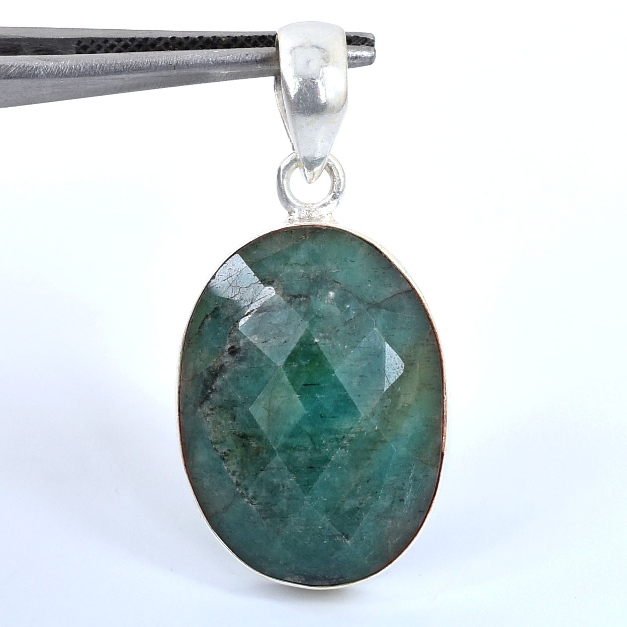 Natural Emerald (Panna) Pendant – 32.18 CT Oval Green Gemstone Silver Finish Pendant - Image 2