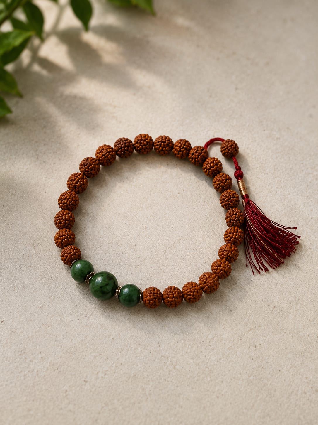 Natural Rudraksha & Green Jade Bracelet | Handmade Spiritual Healing Bracelet | Adjustable Unisex Mala