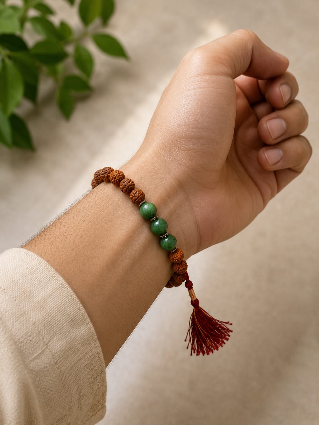 Natural Rudraksha & Green Jade Bracelet | Handmade Spiritual Healing Bracelet | Adjustable Unisex Mala - Image 2
