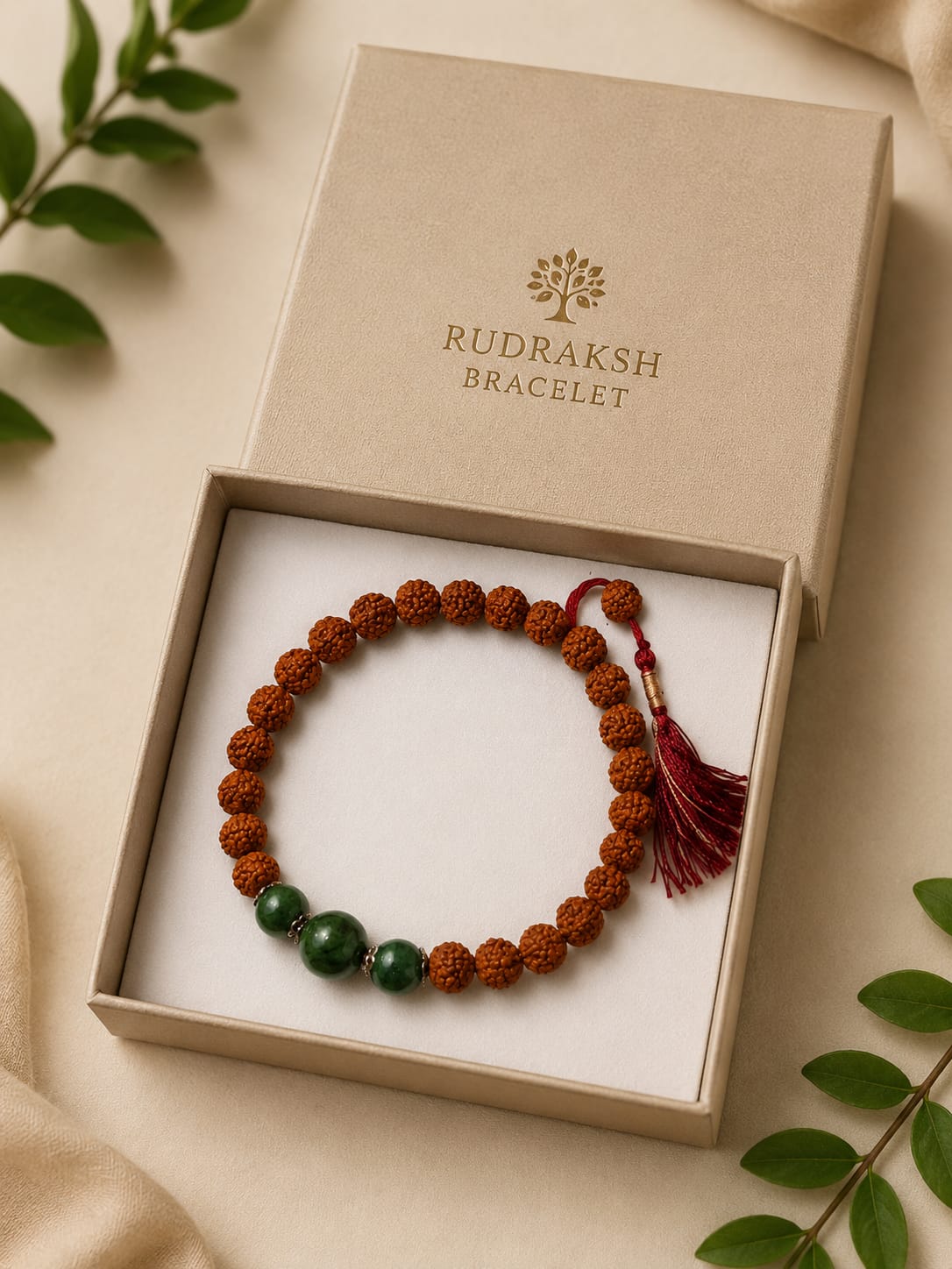 Natural Rudraksha & Green Jade Bracelet | Handmade Spiritual Healing Bracelet | Adjustable Unisex Mala - Image 3