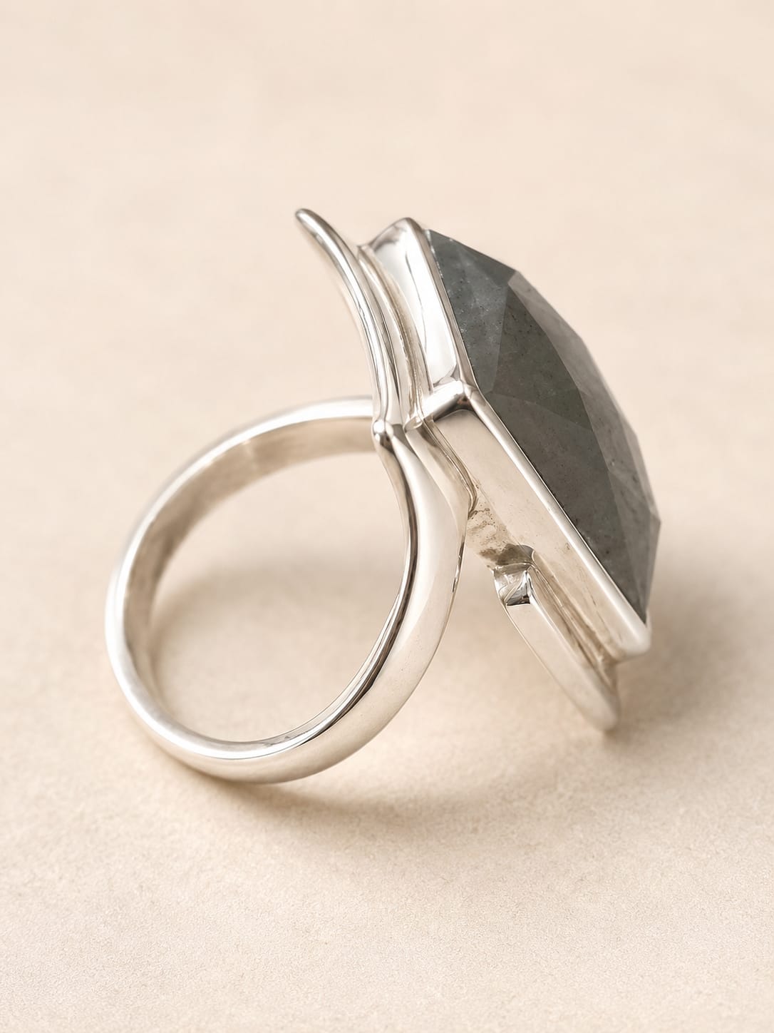 Natural Labradorite Gemstone Silver Ring – Faceted Rectangular Cut - Image 3