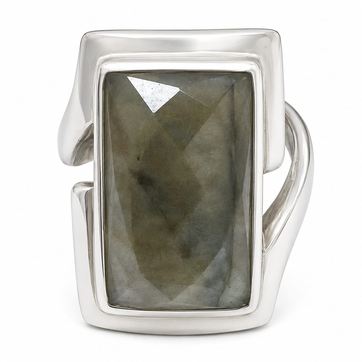 Natural Labradorite Gemstone Silver Ring – Faceted Rectangular Cut