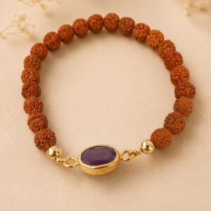 Natural Ruby Rudraksha Bracelet with Gold-Tone Setting | Spiritual Gemstone Beaded Bracelet