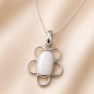 Natural White Moonstone Floral Pendant in Silver-Tone Setting | Oval Cabochon Gemstone Pendant – 10 CT | 4.55 Grams
