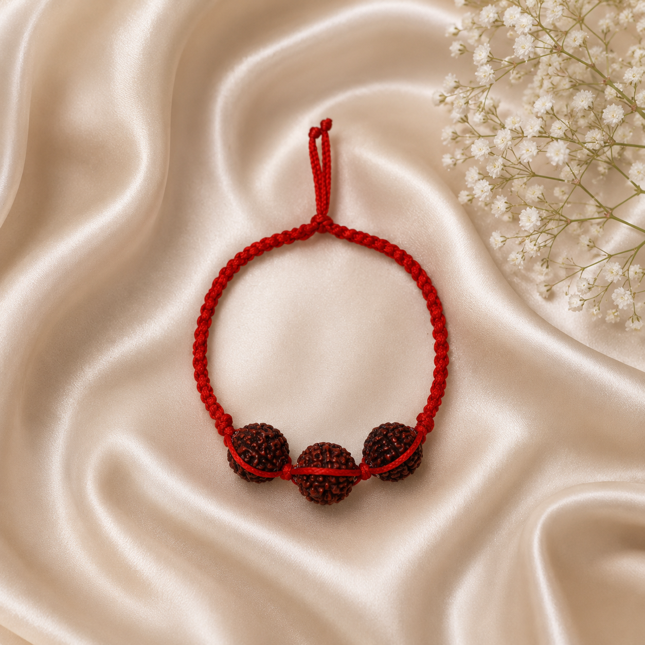 Natural 3 Mukhi Rudraksha Bracelet with Adjustable Red Thread | Energized Spiritual Bracelet for Positivity & Inner Strength
