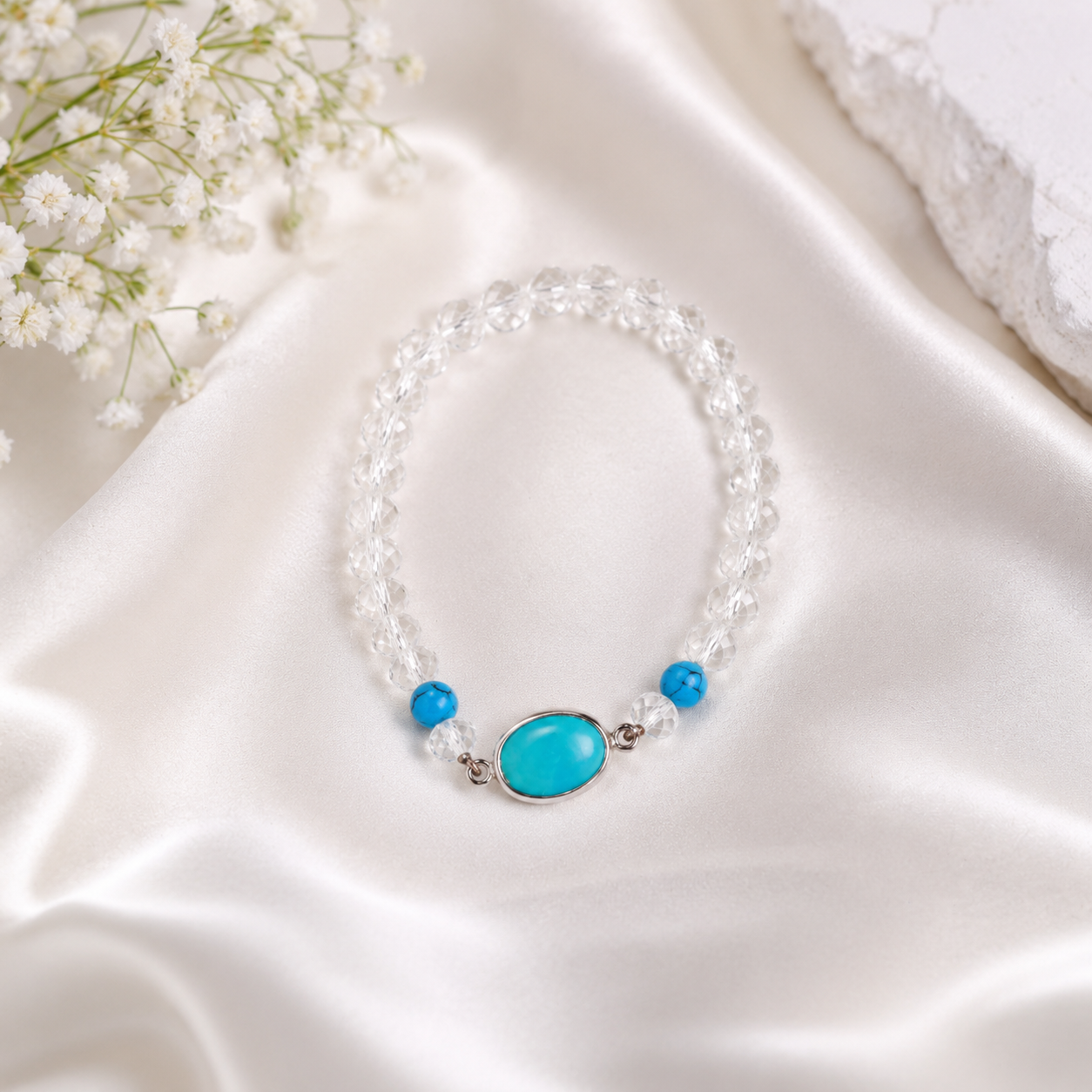 Natural Turquoise (Firoza) & Clear Crystal Bracelet | Handmade Healing and Astrology Bracelet