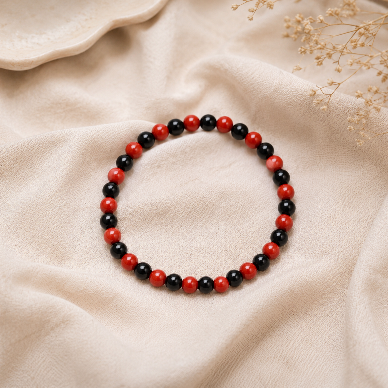 Natural Red Coral (Moonga) & Black Onyx Bracelet | Handmade Protection and Energy Balancing Bracelet