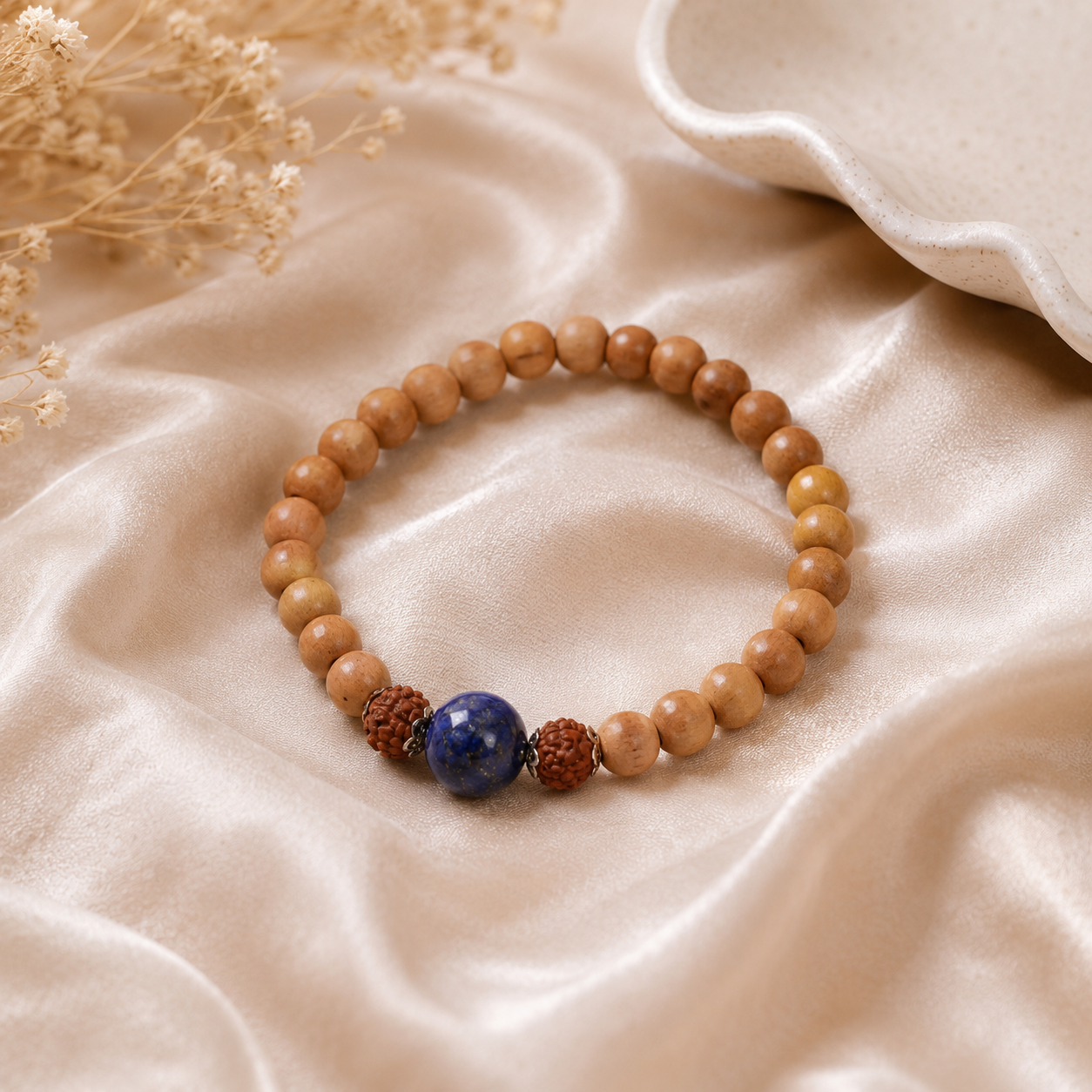 Natural Sandalwood, Rudraksha & Lapis Lazuli Bracelet | Handmade Spiritual Healing Bracelet