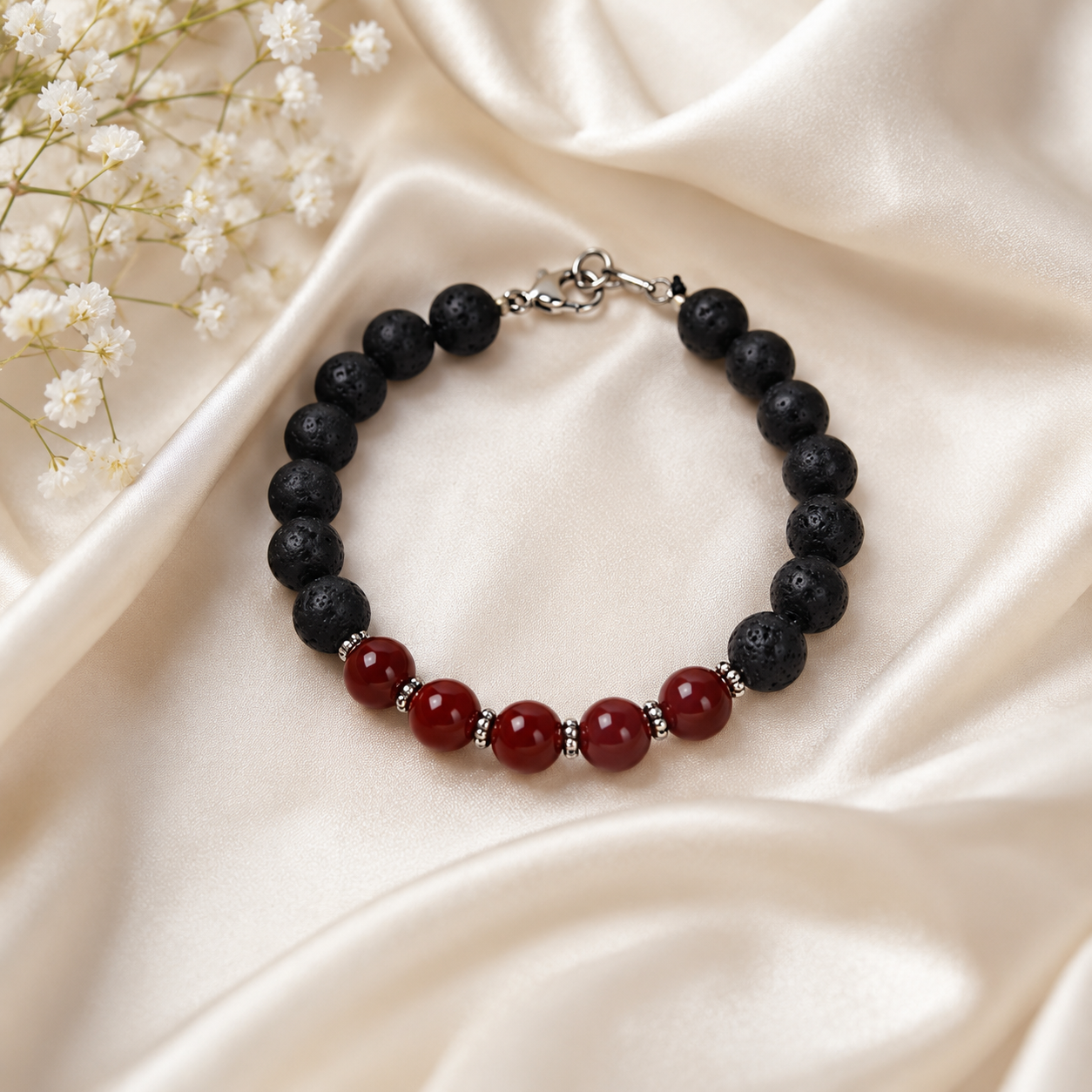 Natural Red Carnelian & Black Lava Stone Bracelet | Handmade Healing and Protection Bracelet