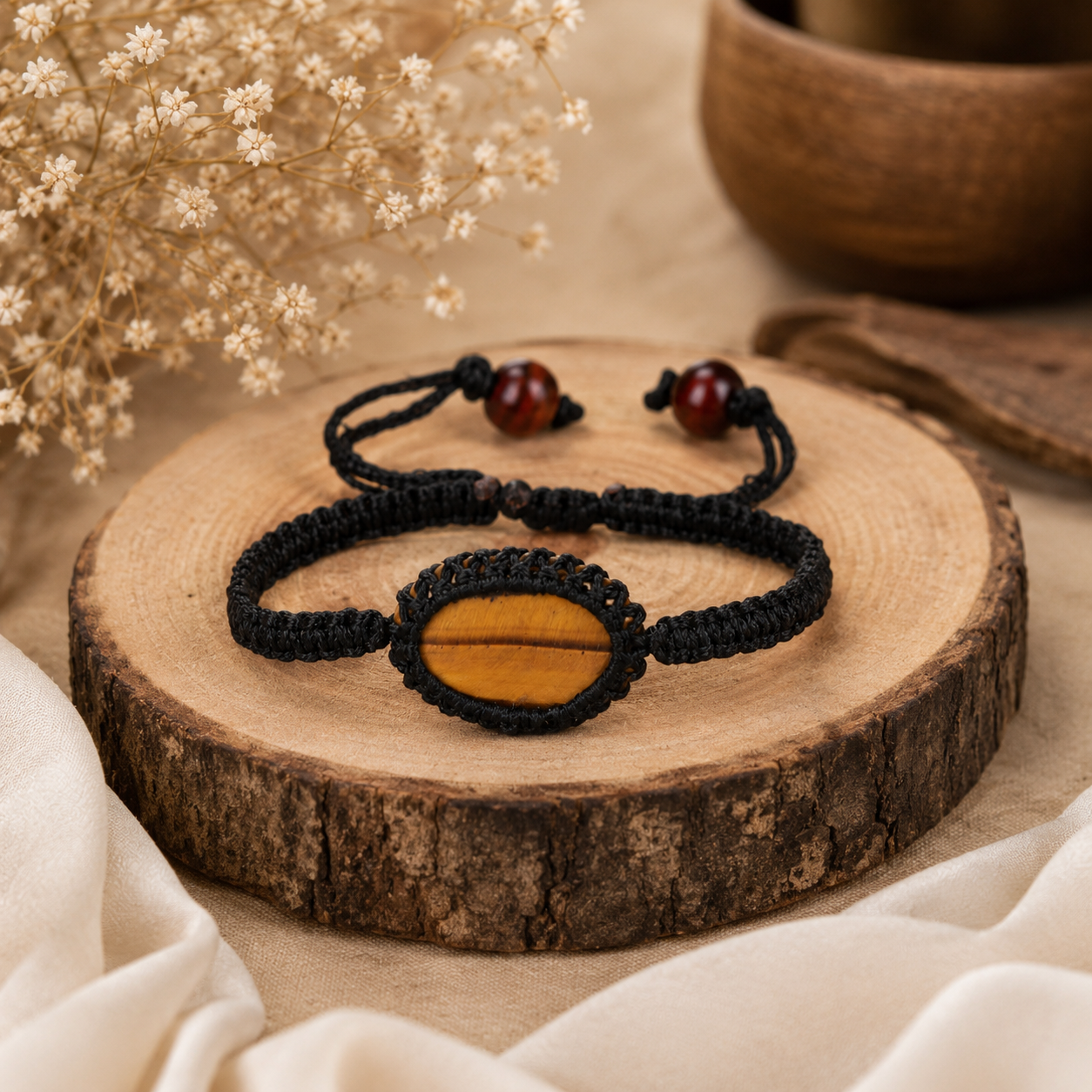 Natural Tiger Eye Stone Adjustable Macrame Bracelet | Handmade Protection & Confidence Bracelet