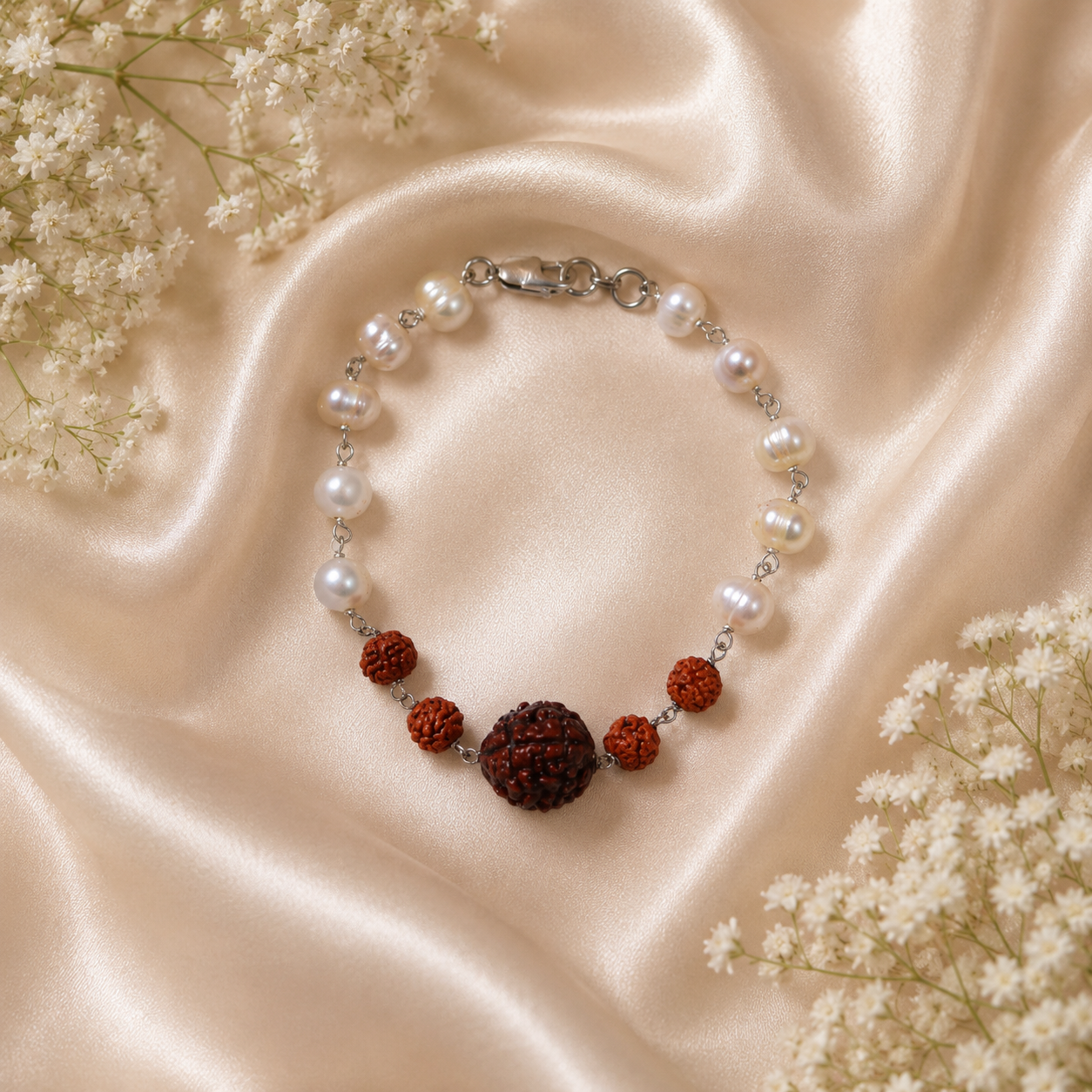 Natural 5 Mukhi Rudraksha & Freshwater Pearl Bracelet – Spiritual Healing Bracelet for Peace, Emotional Balance & Divine Protection