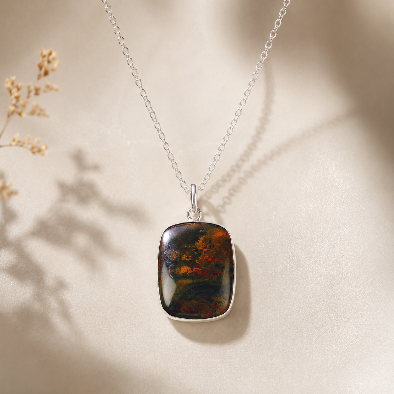 Natural Bloodstone Pendant Necklace – Polished Healing Crystal in Silver-Tone Setting - Image 2
