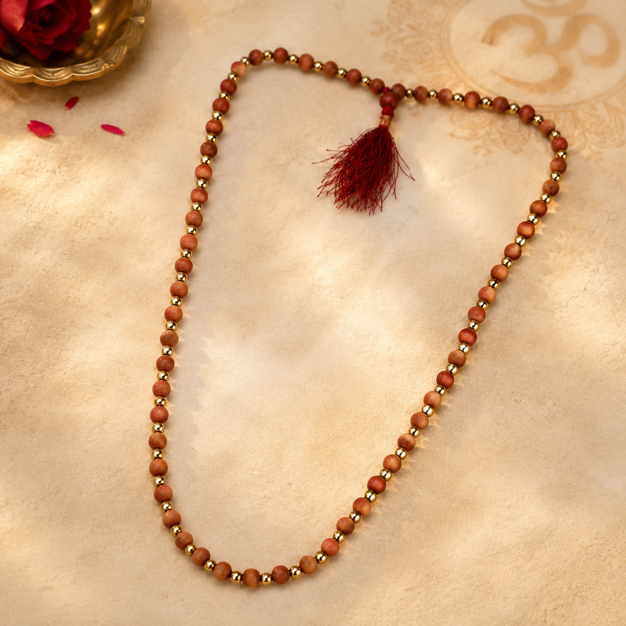 Natural Red Sandalwood (Rakta Chandan) Japa Mala with Golden Spacer Beads | 108 Prayer Beads for Meditation & Spiritual Healing - Image 4