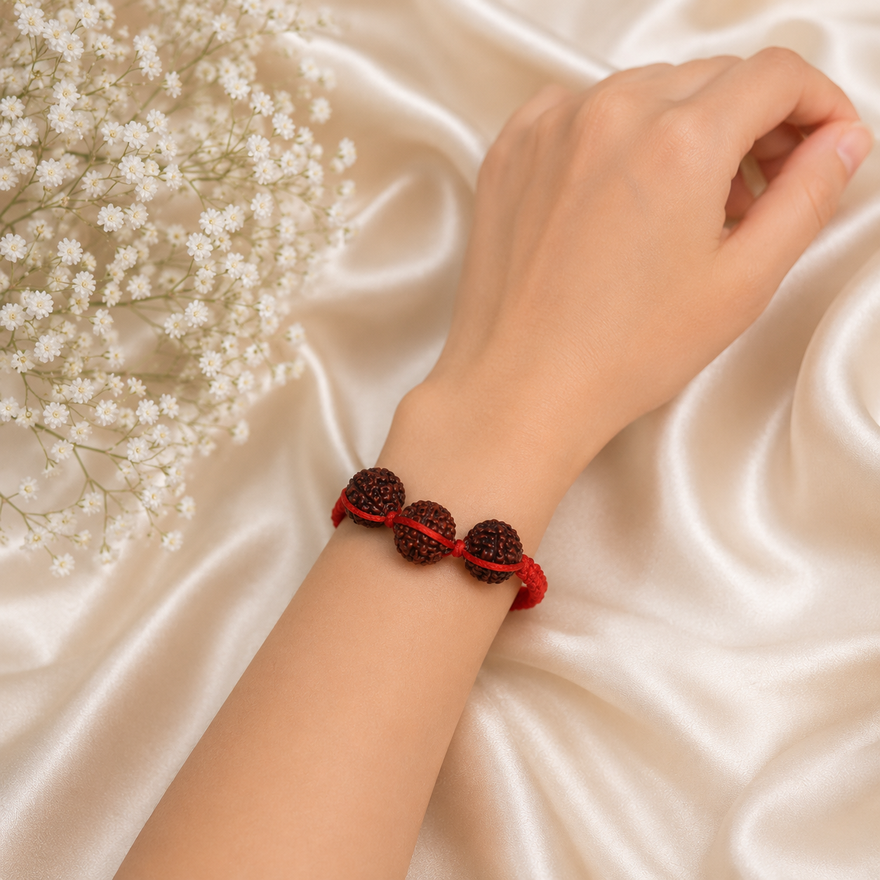 Natural 3 Mukhi Rudraksha Bracelet with Adjustable Red Thread | Energized Spiritual Bracelet for Positivity & Inner Strength - Image 3