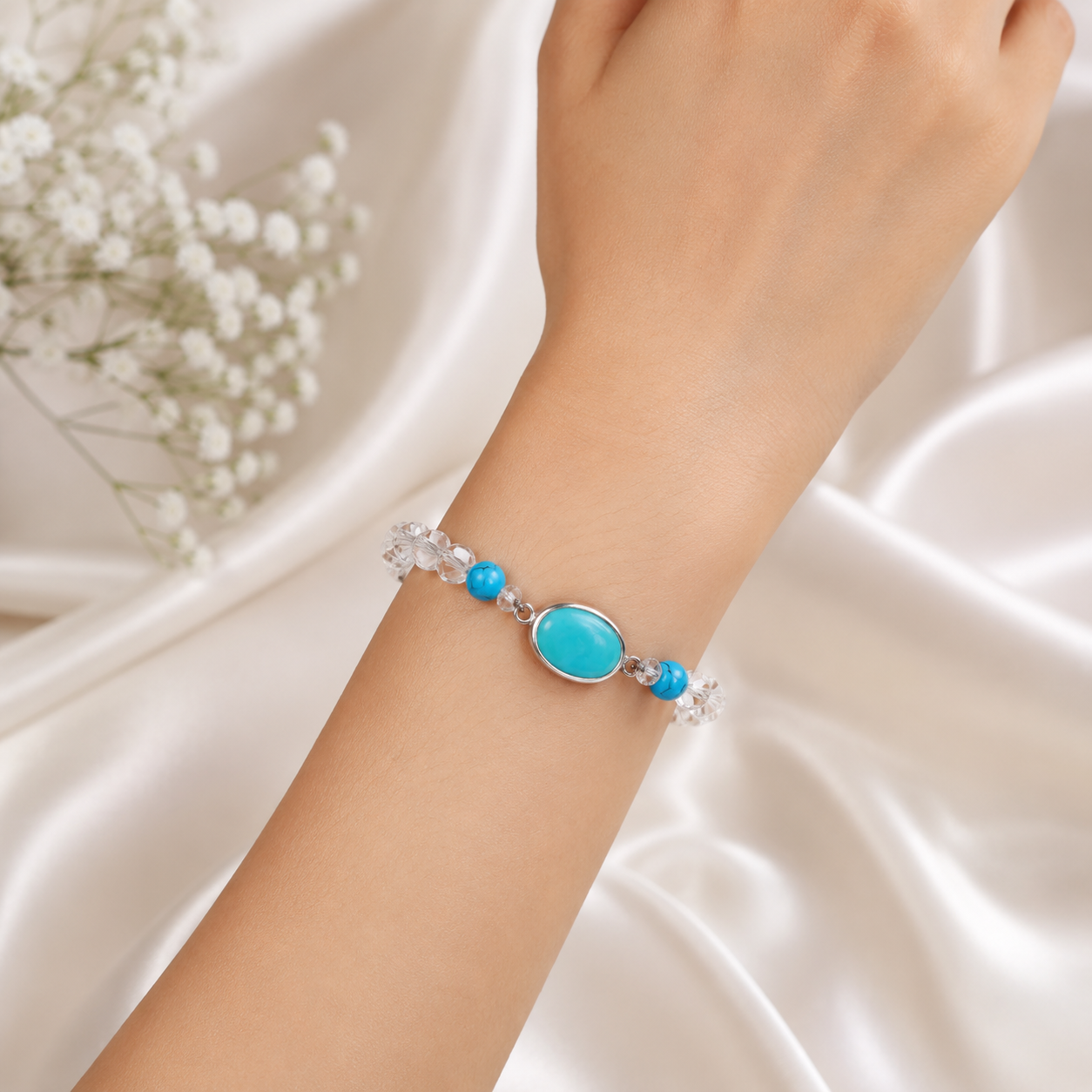 Natural Turquoise (Firoza) & Clear Crystal Bracelet | Handmade Healing and Astrology Bracelet - Image 3