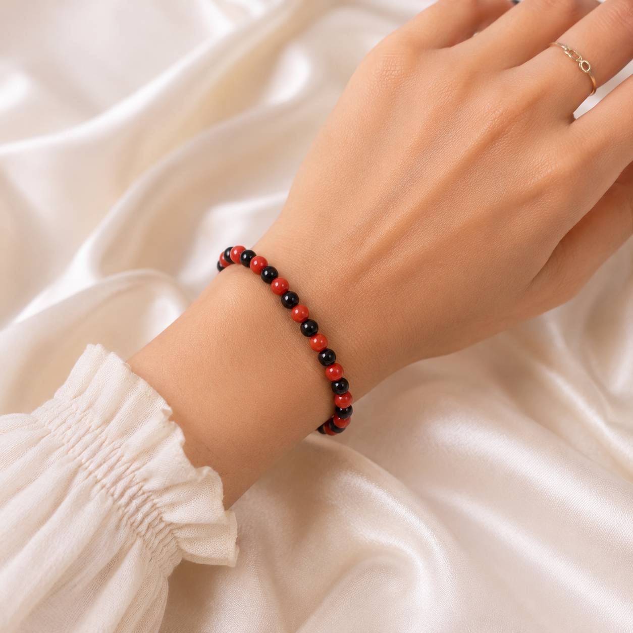 Natural Red Coral (Moonga) & Black Onyx Bracelet | Handmade Protection and Energy Balancing Bracelet - Image 3