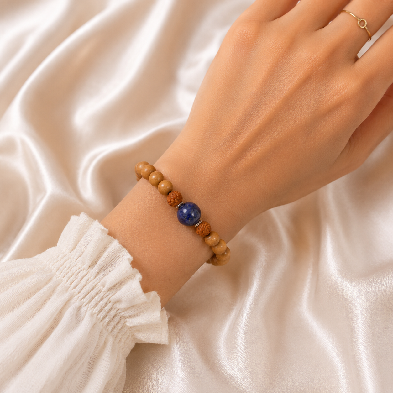 Natural Sandalwood, Rudraksha & Lapis Lazuli Bracelet | Handmade Spiritual Healing Bracelet - Image 3