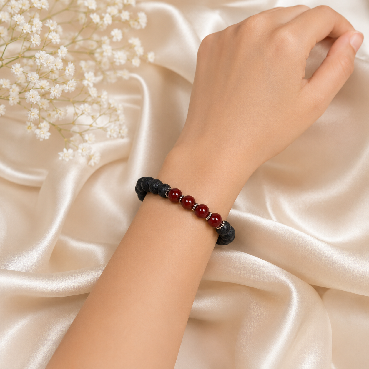 Natural Red Carnelian & Black Lava Stone Bracelet | Handmade Healing and Protection Bracelet - Image 3