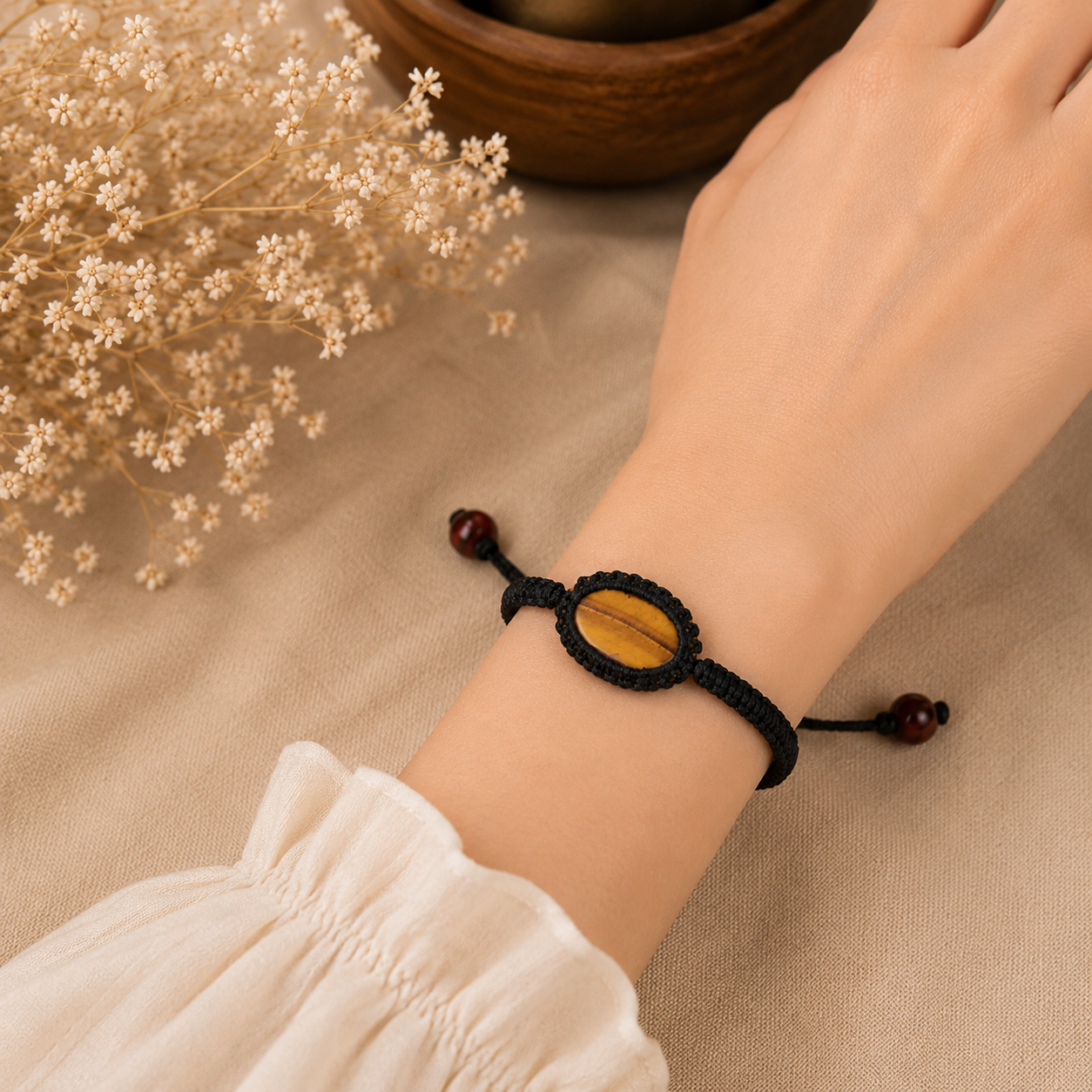Natural Tiger Eye Stone Adjustable Macrame Bracelet | Handmade Protection & Confidence Bracelet - Image 3