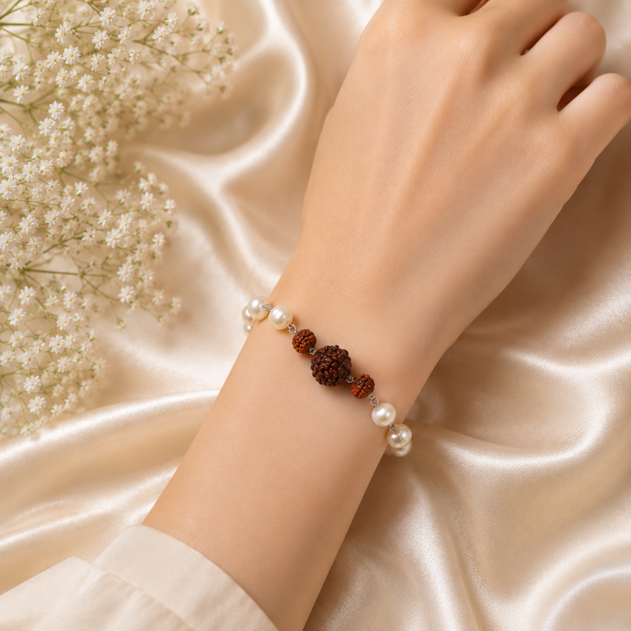 Natural 5 Mukhi Rudraksha & Freshwater Pearl Bracelet – Spiritual Healing Bracelet for Peace, Emotional Balance & Divine Protection - Image 3