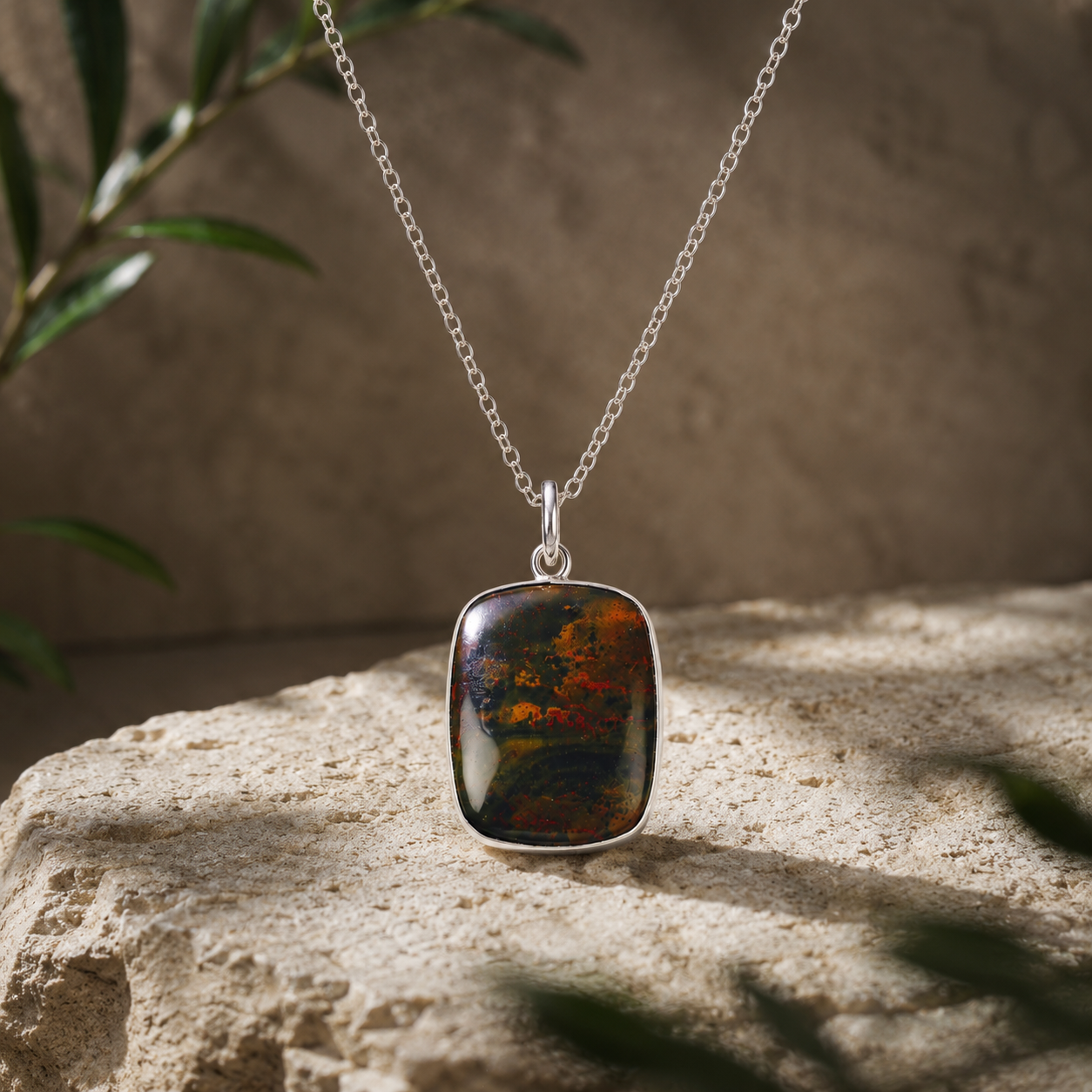 Natural Bloodstone Pendant Necklace – Polished Healing Crystal in Silver-Tone Setting - Image 3