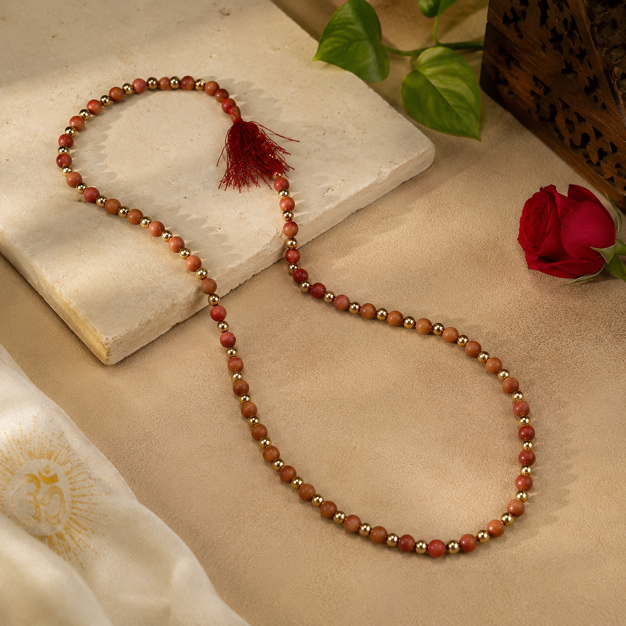 Natural Red Sandalwood (Rakta Chandan) Japa Mala with Golden Spacer Beads | 108 Prayer Beads for Meditation & Spiritual Healing - Image 3