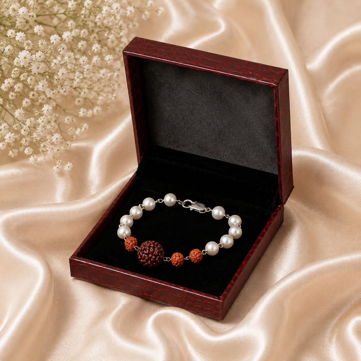 Natural 5 Mukhi Rudraksha & Freshwater Pearl Bracelet – Spiritual Healing Bracelet for Peace, Emotional Balance & Divine Protection - Image 4