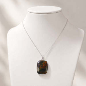 Natural Bloodstone Pendant Necklace – Polished Healing Crystal in Silver-Tone Setting