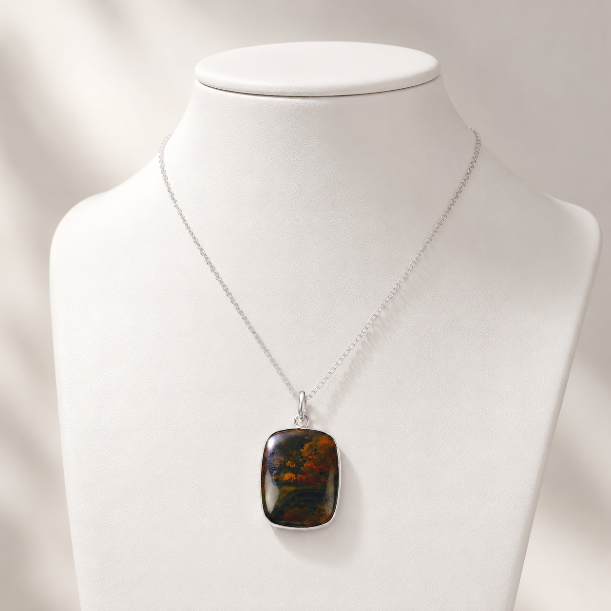 Natural Bloodstone Pendant Necklace – Polished Healing Crystal in Silver-Tone Setting