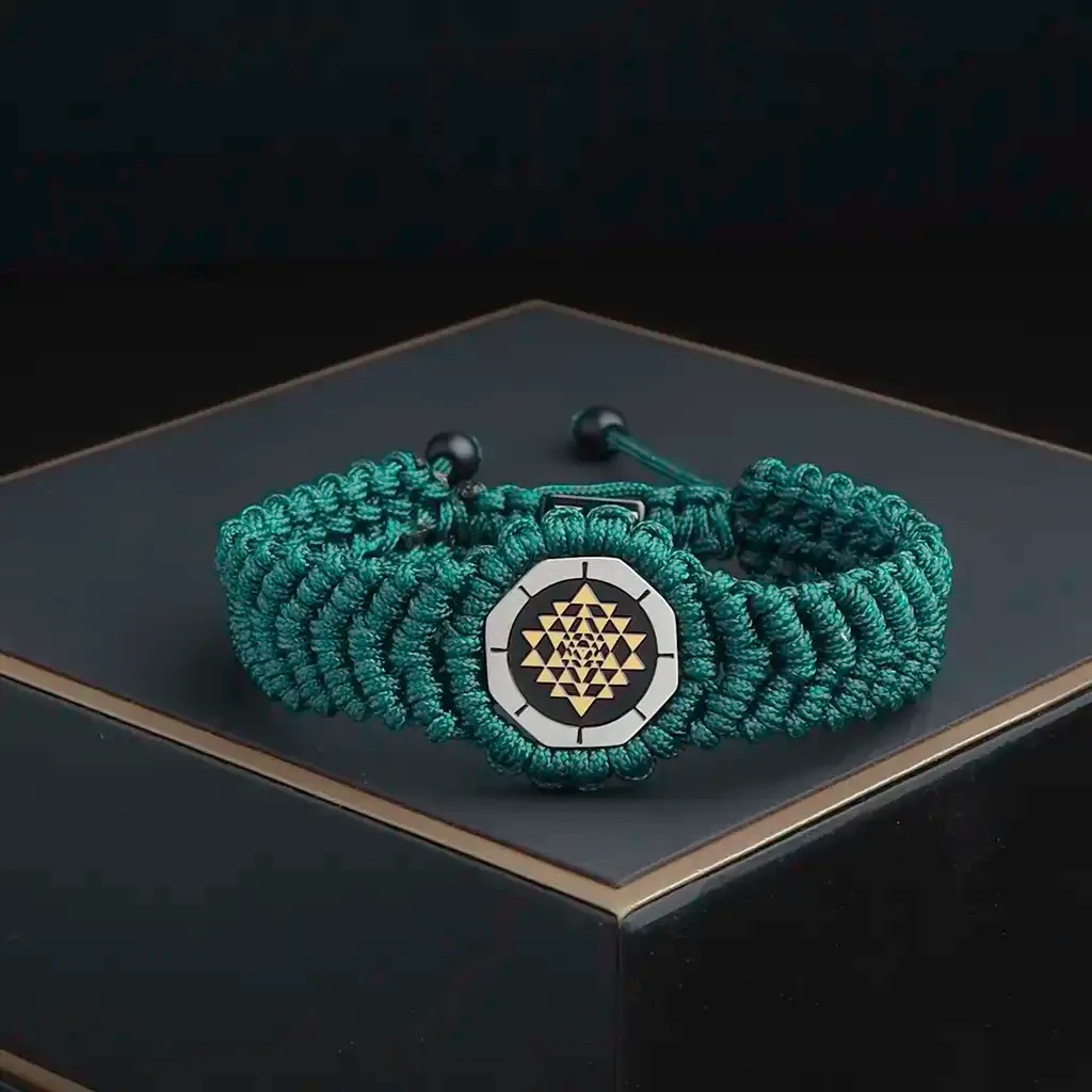 Handcrafted Green Sri Yantra Adjustable Bracelet | Sacred Protection & Prosperity Bracelet - Image 3