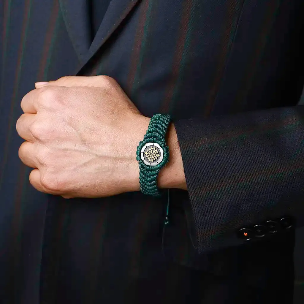Handcrafted Green Sri Yantra Adjustable Bracelet | Sacred Protection & Prosperity Bracelet - Image 4