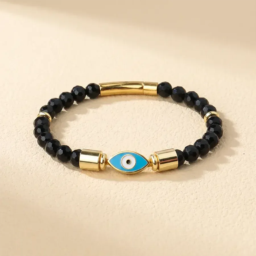Natural Black Onyx Evil Eye Protection Bracelet | Adjustable Healing Crystal Bracelet